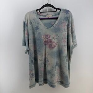 Xcit USA T-Shirt Womens 3X Blue Floral Rhinestone V-Neck Boho‎ Cottagecore Y2K